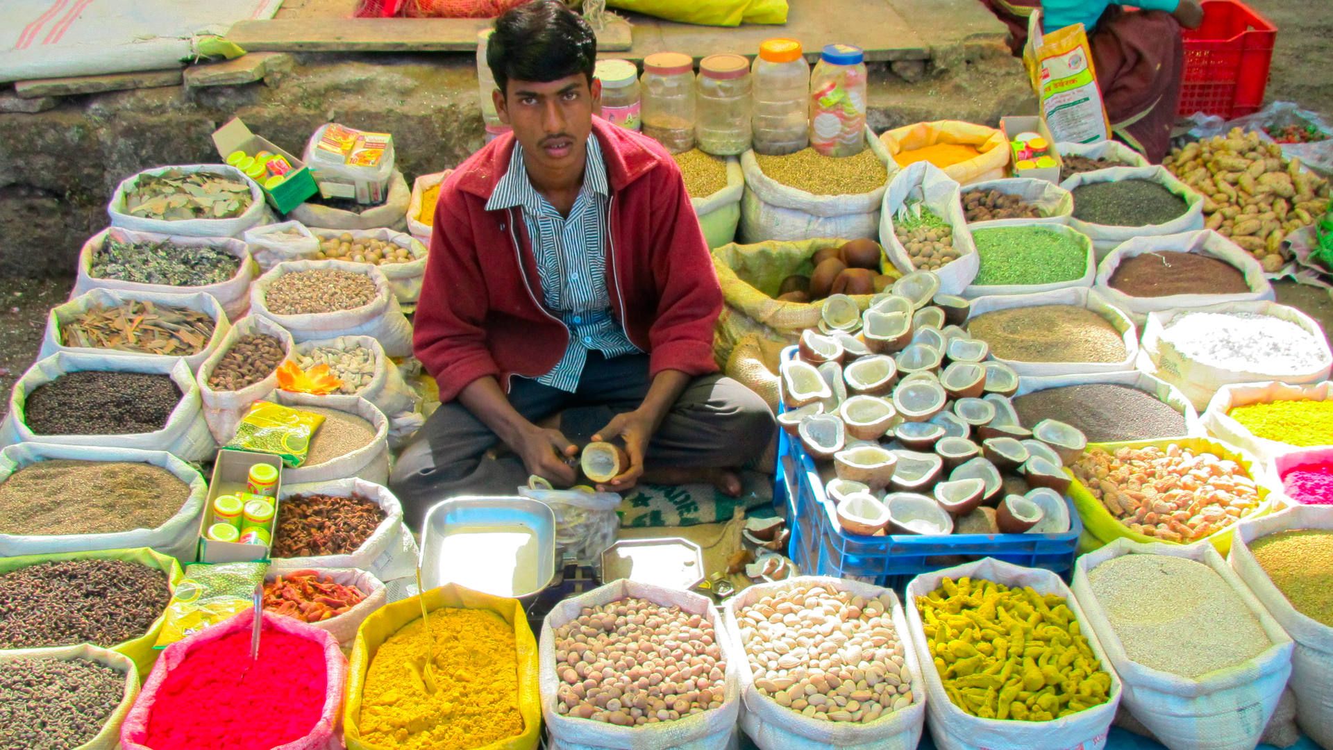 Ein Martkverkäufer präsentiert farbenfroh Gewürze, Kokosnüsse und andere kulinarische Produkte am Markt von Panchgani.